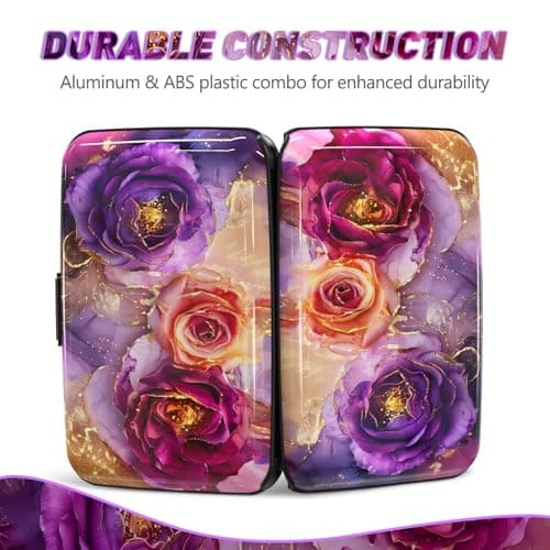 Credit Card Holder, Mini RFID Small Aluminum Card Wallet, Blocking Slim Metal Business Card Case, RFID Blocking Front Pocket Wallet Hard Case Durable CC Holder for Women Girl, Purple Marble Flower — view 5