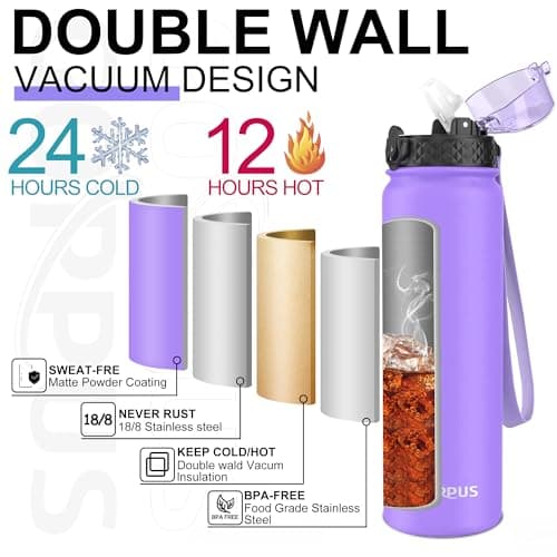 GOPPUS 1L/32oz Stainless Water Bottle with Straw Double Wall Insulated Bottles with Strap Reusable Vacuum Thermal Flask Leakproof Keep Cold Drinks Bottles with Flip Top Lid BPA Free (Purple) — view 5