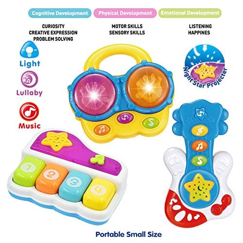 WEofferwhatYOUwant Baby Musical Instrument Set – Piano, Bongos & Guitar with Light-Up Projector & Songs | Interactive Toys for Babies 6+ Months | Auto-Off, Batteries Included, Safe & Travel Ready — view 5