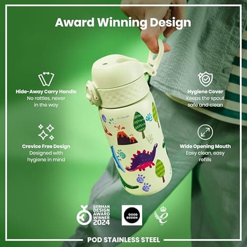 Ion8 Kids Water Bottle, Steel 400 ml/13 oz, Leak Proof, Easy to Open, Secure Lock, Dishwasher Safe, Flip Cover, Carry Handle, Easy Clean, Durable, Metal Water Bottle, Raised Print, Dinosaurs — view 6