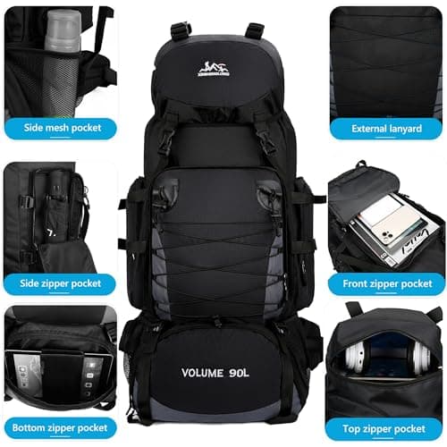 Mxaeyar 90L Hiking Backpack Large Capming Rucksack Waterproof Hiking Daypack Black Daypack for Mountaineering Travelling Climbing Outdoor Tekking Backpack for Men Women — view 5