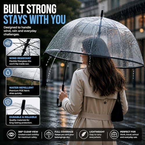 Unirobe Clear Umbrella Dome Transparent Stick Umbrella Windproof Full Coverage Clear Canopy Rain Umbrella for Women Men Wedding Parasol Durable Lightweight — view 4