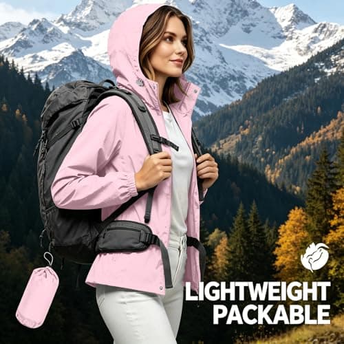 Womens Waterproof Jacket, Lightweight Packable Rain Jacket Hooded Drawstring Outdoor Jackets, Breathable Casual Loose Windbreaker Raincoat for Hiking Travel Rainy Commute Hill Walking — view 4