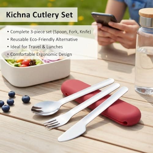 Kichna Travel Cutlery Set with Silicone Case – Reusable Knife Fork Spoon Set, Stainless Steel Portable Utensils for Lunch Box, Work, Camping & Travel – Dusty Berry Red — view 4