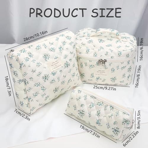 Aucuu 3PCS Coquette Makeup Bag, Quilted Makeup Bag for Women, Floral Cotton Cosmetic Bag Set, Large Capacity Aesthetic Floral Toiletry Bag, Travel Toiletry Bag, Wash Organizer Pouch for Women Girls — view 2