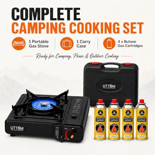 UTTAM Black Portable Camping Stove with Carry Case | Gas Camping Stove with Automatic Ignition & Heat Control (Includes 4 Butane Gas Cylinders) — view 2
