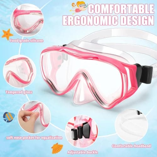 HIKOTEY Children's Snorkel Set, Anti-Fog and Dry Snorkel, Anti-Leak Dry Snorkel Set, 180° Panoramic Foresight with Waterproof Earplugs, Snorkelling Set for Boys Girls - Pink — view 2