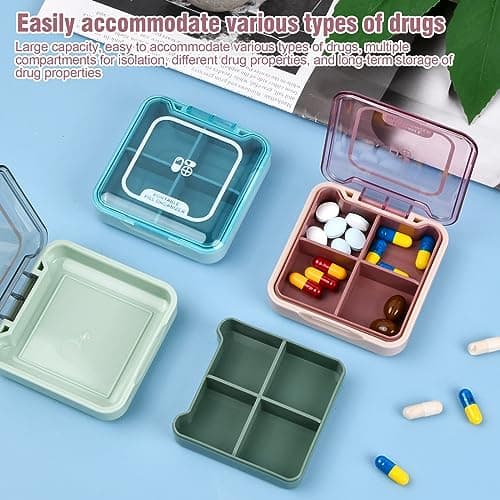 Wisebom Small Pill Box Organizer Mini Travel Medicine Storage Case, BPA Free Portable Tablet Container Holder Moistureproof, 4 Large Capacity Compartments for Vitamins Supplements (Pink) — view 4