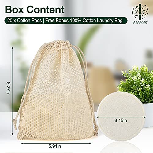 ASPACES Reusable Makeup Remover Pads - 20 Packs Natural Bamboo Cotton Rounds Eco-Friendly for All Skin Types with Cotton Laundry Bag, White — view 5