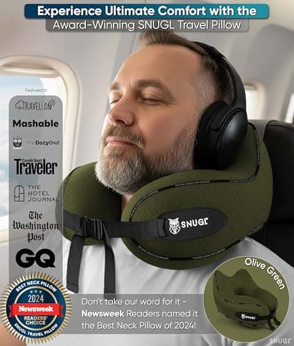 SNUGL Travel Pillow – Memory Foam Neck Pillow for Travel – Support Cushion for Airplane with Carry Bag & Clip - Holiday Essentials (Olive Green - Adult Regular) — view 2
