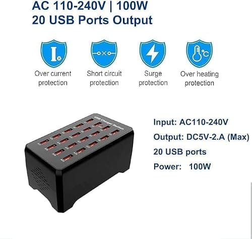 Gcidto 20-Port 100W High-Power Multi-USB Station, Smart Multi-Port Charger for Fast Charging of Smartphones, Tablets, and USB Devices.(20 port-black) — view 2