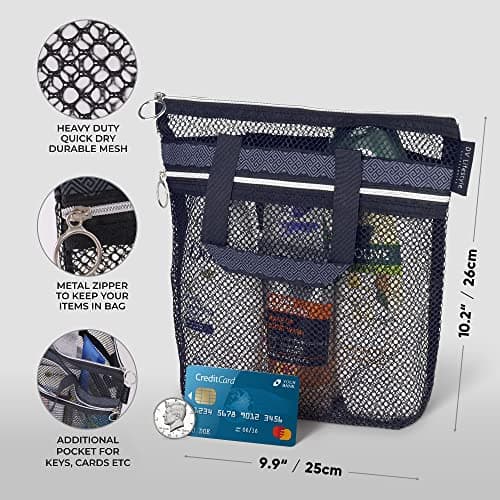 DV Lifestyle Mesh Shower Bag 25 x 26cm Caddy with Zipper & 2 Pockets. Quick-Dry Portable Toiletry Tote for Bathroom, Gym, Travel, Camp, Beach, for Sunscreen, Dorm & College Essentials (Black) — view 2