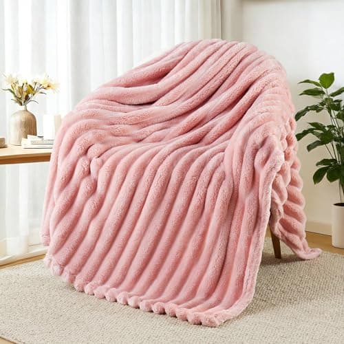 Exclusivo Mezcla Soft Striped Fleece Blanket, Pink Fluffy Sofa Bed Throw