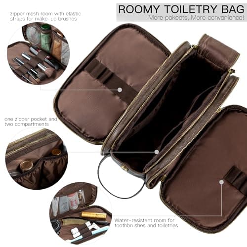 Water-Resistant Leather Toiletry Bag for Men, Women Large Travel Wash Bag Shaving Dopp Kit Bathroom Gym Toiletries Makeup Organizer with Free Wet Dry Bag (Chocolate) — view 2