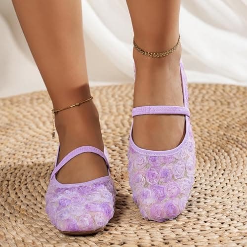 Women Slip On Shoes,Ladies Breathable Mesh with Three-Dimensional Rose Gentle Style Lace-Up Flat Soft Sole Shoes Comfortable Lightweight Casual Footwear for Spring Summer Daily Wear 3.5-7.5 — view 3