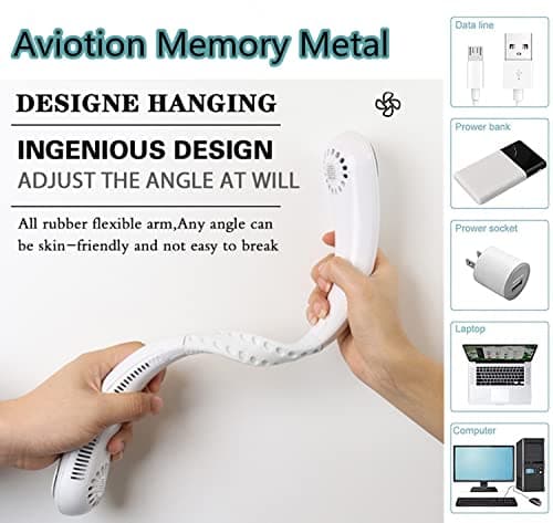 YUXUE Portable Neck Fan, USB Rechargeable Hands Free Bladeless Personal Mini Fans, 3 Speeds Adjustable, Wearable Cooling Fan for Traveling, Sports, Office, White — view 2