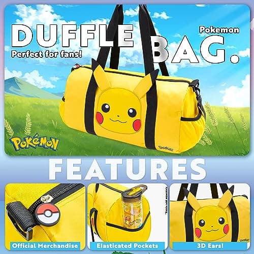 Pokemon Travel Bag for Kids Gym Bag Overnight Pikachu Sports Football Kit Holdall Bag Hand Luggage Bag Gifts for Boys (Yellow 3D Ears) — view 3