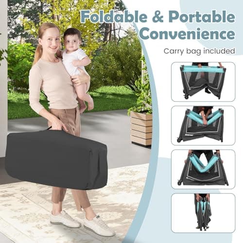 COSTWAY 4 in 1 Foldable Travel Cot, Portable Baby Bed Playard with Bassinet, Changing Table, Cradle, Wheels and Carry Bag, Nursery Center for Boys and Girls (Mint Green) — view 3