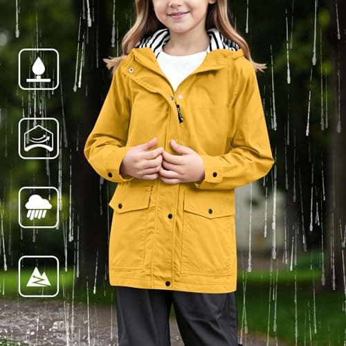 Boys Girls Rain Jacket Waterproof Windbreaker Lightweight Rain Jackets with Pockets Packable Raincoats for Kids with Hood Solid Full Zip Button Down Rain-Coats Preppy Clothes (Yellow, 3-4 Years) — view 4