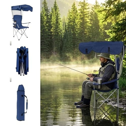 GoDyna Portable Camping Chair with Canopy Shade Folding Outdoor Chair with Cup Holder Heavy Duty Waterproof Beach Fishing Lawn Chair for Camping Picnic Garden Patio Support 175kg (Dark Blue) — view 4
