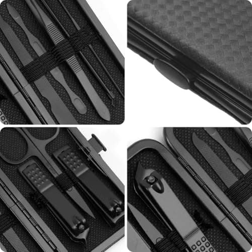 URAQT Professional Manicure Set, 8 pcs Portable Nail Clippers & Eyebrow Grooming Kit, Stainless Steel Nail Care Tools with Luxurious Leather Case for Travel & Home（Black） — view 3