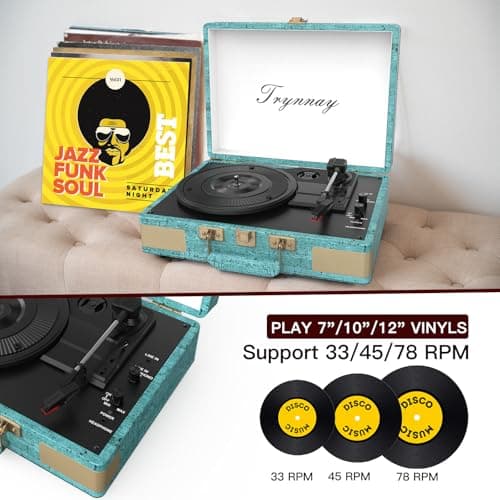 Trynnay Record Player 3 Speed Bluetooth Portable Suitcase Vinyl Player with Built-in Speakers Turntable Enhanced Audio Sound Sky Blue — view 2