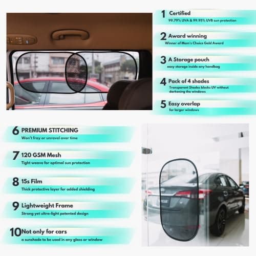 Car Window Shades - Certified 99.79% UVA & 99.95% UVB Sun Protection. Award Winning car Sun Shade for Side Windows. 4 Pack Transparent Shades 25" x 16" - Car Accessories Interior by Kinder Fluff — view 3