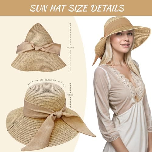 lifwimner Straw Sun Hats for Women UV Protection, Foldable Floppy Bowknot Straw Hats Wide Brim Summer Beach Cap with Chin Strap for Beach Vacation Travel Holiday (UK, Alpha, M, Khaki) — view 5