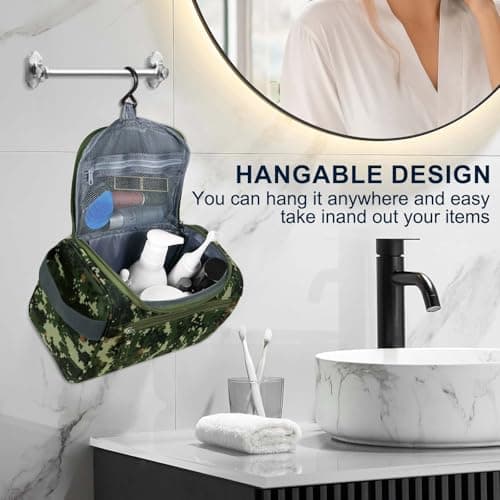 PNEUICALLY Hanging Toiletry Bag for Women and Men Traveling Makeup Large Capacity Cosmetics Portable Dopp Kit Storage Organizer Bag with Hanging Hook for Toiletries Brushes Shaving Tools, Camo Mosaic, — view 4