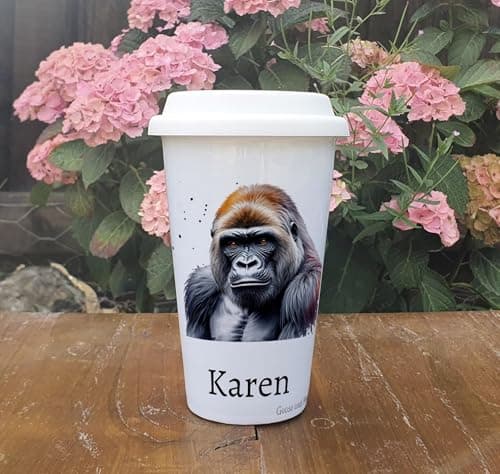 Personalised Gorilla Travel Mug, Gift for Safari Lover, Thank you present for Zoo Animal Lover, Hot Drinks Flask, Insulated Coffee Cup — view 4