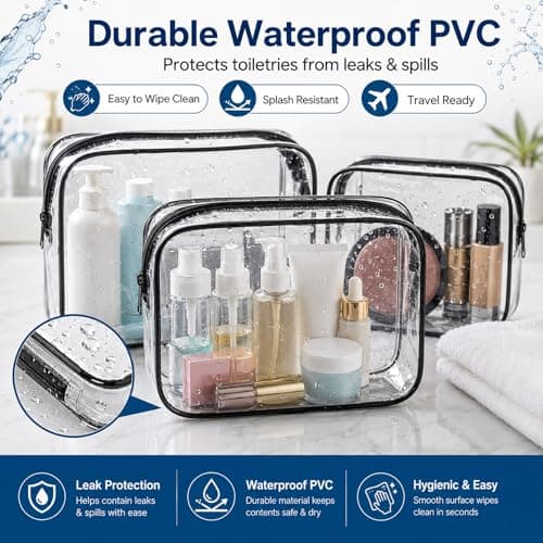 3 Pack Clear Travel Toiletry Bags, Multi-Size PVC Pouches with Strong Zip — view 3