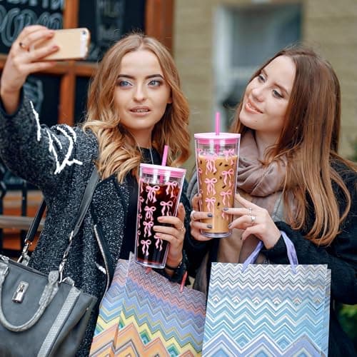 CuppaLifes 710ml Reusable Tumbler with Straw and Lid, 2 Pack Insulated Cup for Iced Coffee, Hot/Cold Drink, Plastic Travel Mug for Office, Travel, Camping, Beach, Outdoor (2, Pink) — view 6