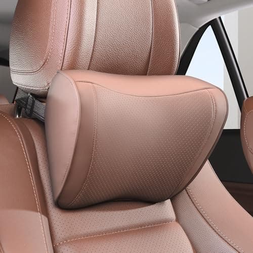 Dapucarin Car Headrest Pillow 100% Memory Foam, Breathable Removable Leather Cover, Premium Seat Support Head Neck Cushion for Driving Travel Home Office, Brown, 1 Pack