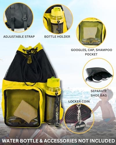 JIMJOOS Drawstring Mesh Swimming Bag - 25L Waterproof Swim Bag with Wet/Dry Compartment, Multifunctional Sports Backpack for Kids, Adults, Swimming, Surfing, Beach, Gym (Yellow) — view 4