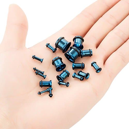 KUBOOZ Stainless Steel Single Flare Ear Plug Kit, Tunnel Measuring Devices, Stretcher Frame Piercings, Mixed Size 14G-00G, 9 Pairs dark blue — view 3
