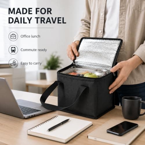 Small Cooler Bag, Cooler Bag Small, Ice Box For FoodTravel Fit For Office Meals & Picnic, Black Non-Woven Insulated Ice Bag For Food Travel, Compact 21 x 17 x 14 cm Aluminum Foil Travel Cool Box — view 6