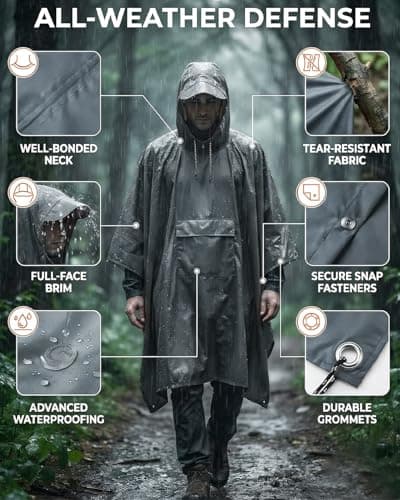 Victoper Waterproof Poncho Adult, Lightweight Reusable Raincoat for Outdoor Hiking Camping Cycling Traveling with Emergency Grommet Corners Grey — view 3