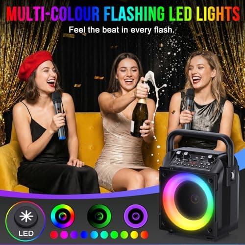 Karaoke Machine with Two Wireless Microphones, Adults&Kids Portable Karaoke Machine, Bluetooth Speaker with PA System, LED Lights, Supports TF Card/USB, AUX in, FM, USB,TWS, REC for Party, Gift(Black) — view 4