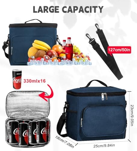 TIECHI 10L Insulated Lunch Bag, Leakproof Thermal Lunch Box Bag for Men Women Adults, Large Cool Bag with Adjustable Shoulder for Work Beach Picnic Camping (Navy Blue) — view 5