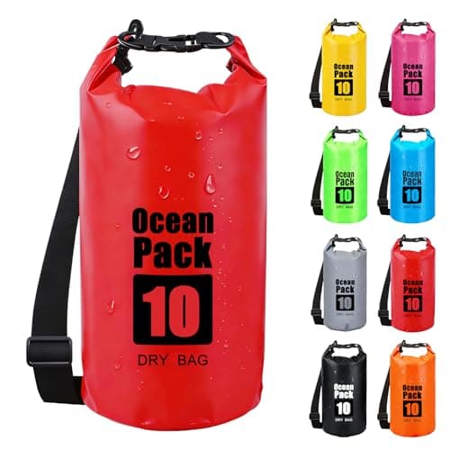 RONGZUBAT 10L Waterproof Dry Bag with Shoulder Strap, Roll Top Dry Sack for Towels and Clothes, Waterproof Bag for Kayaking, Paddle Boarding, Boating, Beach, Camping and Travel - Red