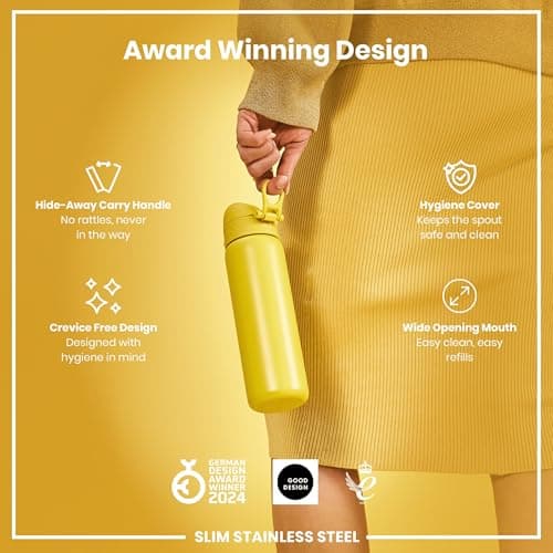 Ion8 Lightweight Steel Water Bottle, 600 ml/20 oz, Non-Insulated, Leak Proof, Easy to Open, Secure Lock, Dishwasher Safe, Flip Cover, Fits Cup Holders, Carry Handle, Metal Water Bottle, Yellow — view 6
