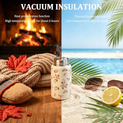 Small Water Bottle with Rose Print,200ml Mini Water Bottle,Double-Wall Vacuum Insulated Small Flask for Hot & Cold Drinks,Portable Leakproof Travel WaterBottles for Handbag,Yoga,Sport,Work(White) — view 5