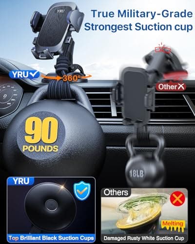 YRU 2026 BEST Car Phone Holder Mount 【Military-Grade Anti-Shake & 360° Rotatable Suction】【90+LBS Safest Strongest & Patent Certs 】 Windscreen Dashboard Vent for iPhone 17 Pro Max 16 15 Samsung, Black — view 3