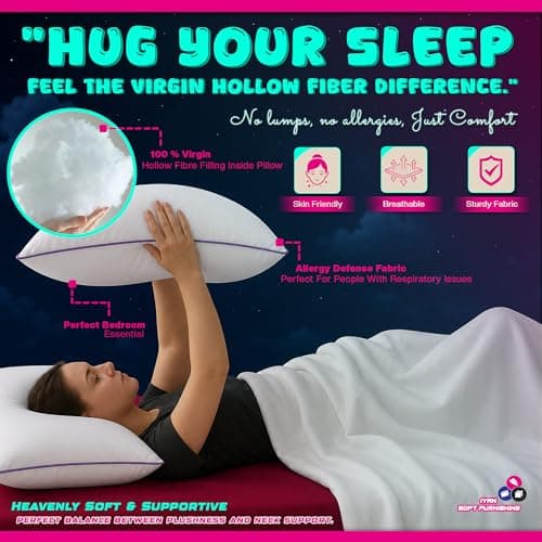 Extra Jumbo Bed Pillows Pair 20 x 30 Inch Soft Sleeping Pillow with Orthopedic Support Purple Piping for Side Back & Stomach Sleepers, White (Pack-2) — view 3