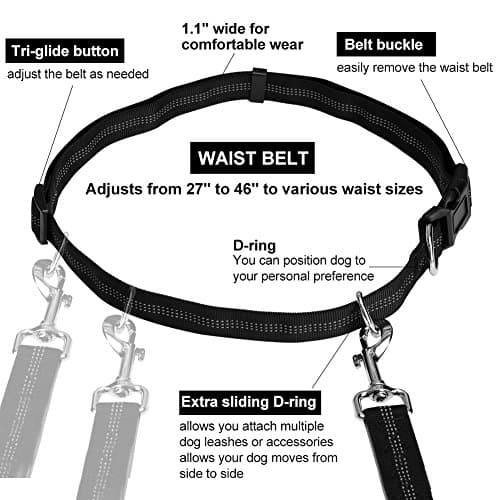 Hands Free Dog Leash for Running Walking Training Hiking, Dual-Handle Reflective Bungee, Poop Bag Dispenser Pouch, Adjustable Waist Belt, Shock Absorbing, Ideal for Medium to Large Dogs (Black Blue) — view 5