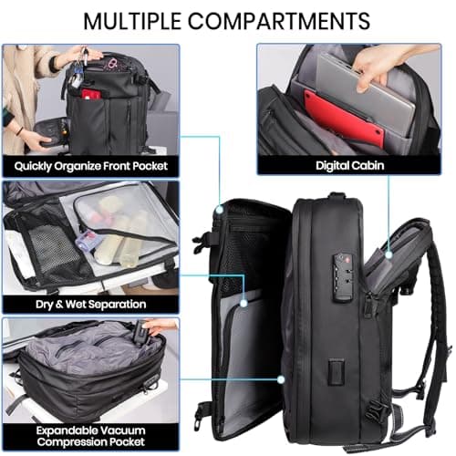 H.yeed Vacuum Backpack Travel Bag with Pump, Expandable 60L Travel Rucksack with USB/Type-C Charging Port&TSA Lock, Waterproof Lightweight Business Laptop Backpack, Fits 17.3 Inch Laptop-Black, M4 — view 4