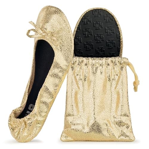 Silky Toes Women’s Foldable Ballet Flats – Portable Roll-Up Slippers for Purse, Travel, or Events – Comfortable Ballerina Shoes (Gold, XL)