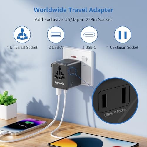 Universal Travel Adapter with 3 USB C and 2 USB A Ports, 28W Travel Plug Adapter Worldwide, International Travel Adapter with Extra US Socket, Universal Plug Adaptor Dual 10A Fuses for EU US UK AUS — view 2