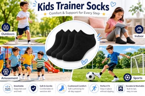 ArkXani Kids Trainer Socks, 3 Pairs, Low Cut, Sports Running, School Socks, Boys Girls, Casual (UK Size 12-3, Black) — view 5