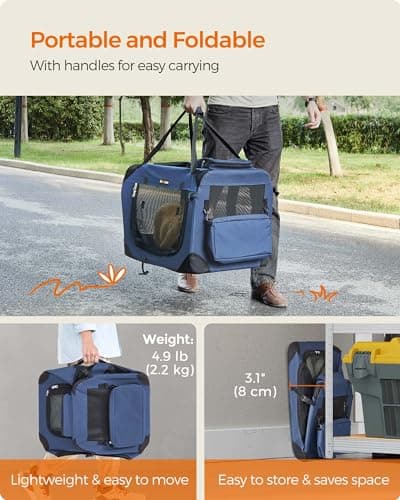 Feandrea Foldable Pet Carrier Bag, Portable Dog Travel Crate, Soft Sided Dog Cat Pet Travel Carrier Large Dog Crate for Car with Breathable Mesh and Storage Pockets, 60 x 42 x 42 cm, Dark Blue PDC60Z — view 3